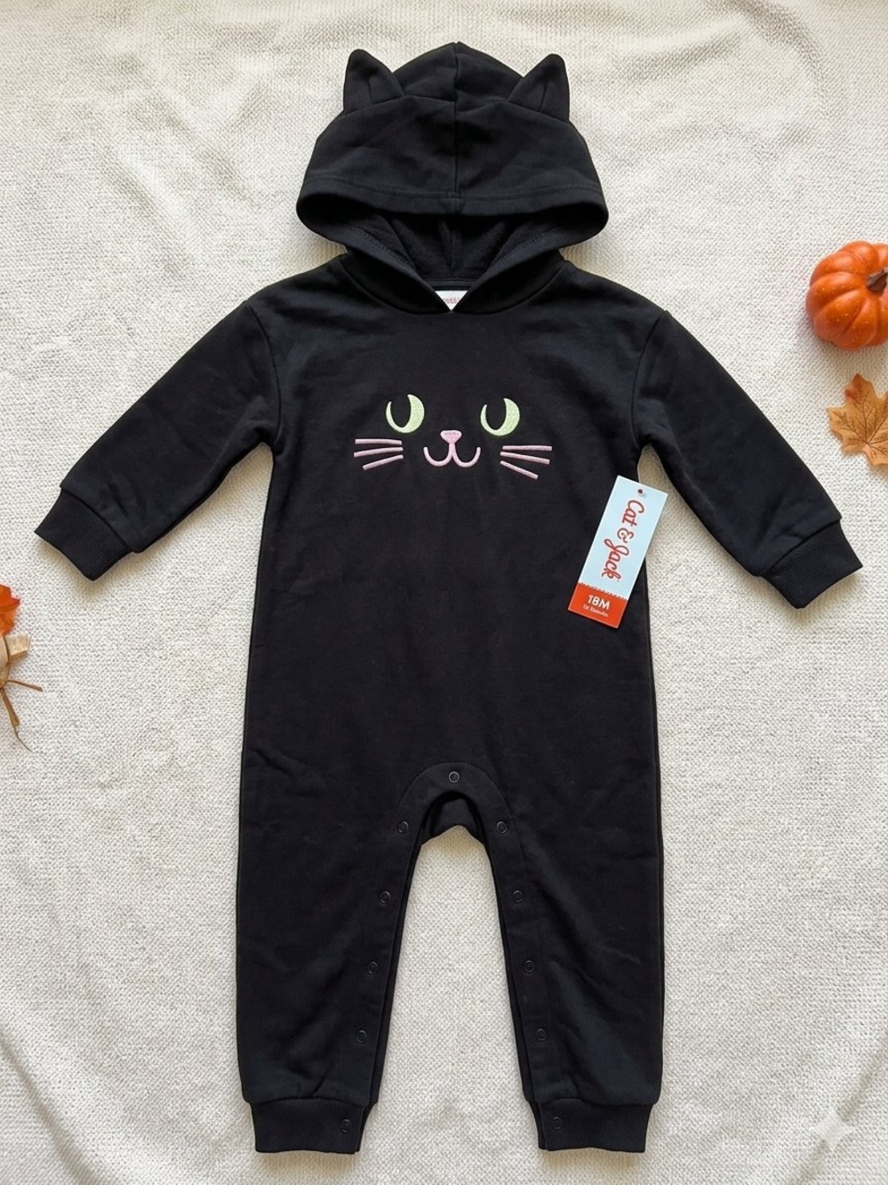 Cat & Jack Black Hooded Cat Face Kids One-Piece Footie
